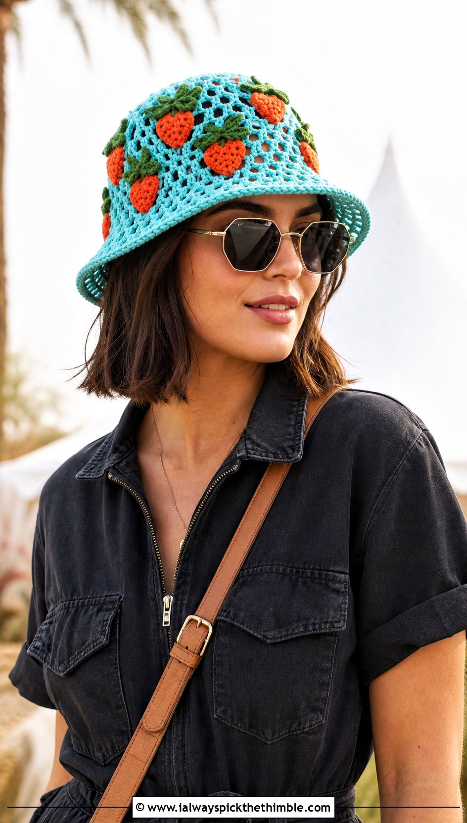 Mesh Strawberry Crochet Bucket Hat With Utility Jumpsuit - 15 strawberry crochet bucket hat outfit ideas