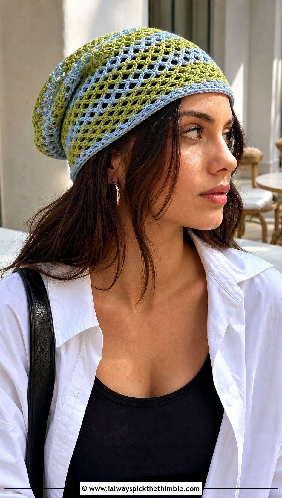 Mesh Stripe Slouchy Crochet Beanie With Oversized Shirt - 20 striped crochet beanie outfit ideas