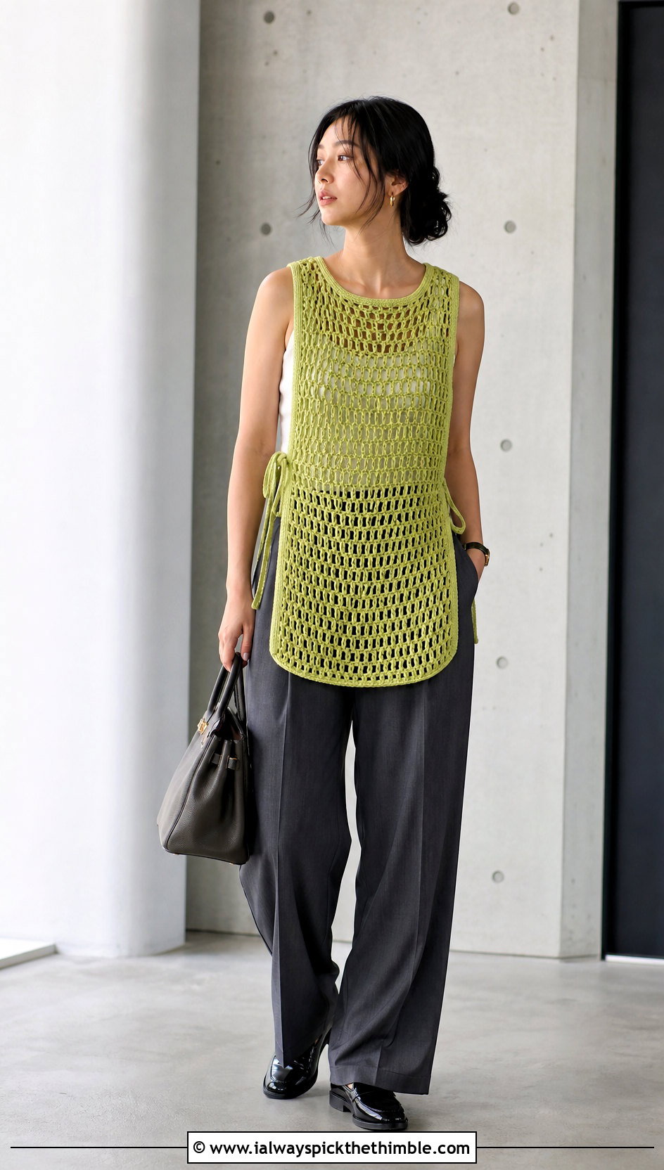 Mesh Tabard Side Tie Crochet Vest With Tailored Trousers - 20 crochet vest tie sides outfit ideas