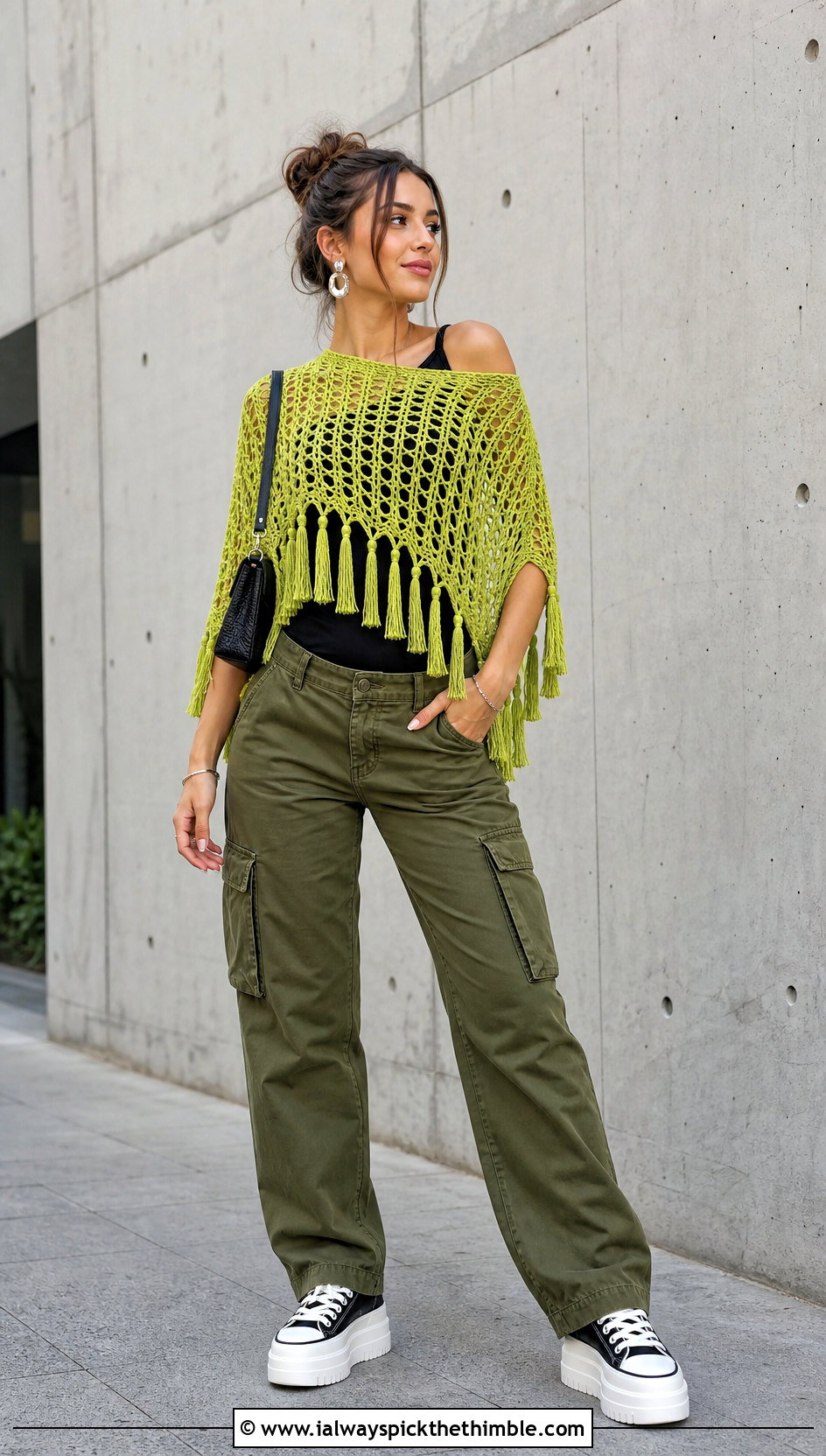 Mesh Tassel Crochet Poncho With Cargo Pants - 20 Crochet Fall Poncho outfit ideas