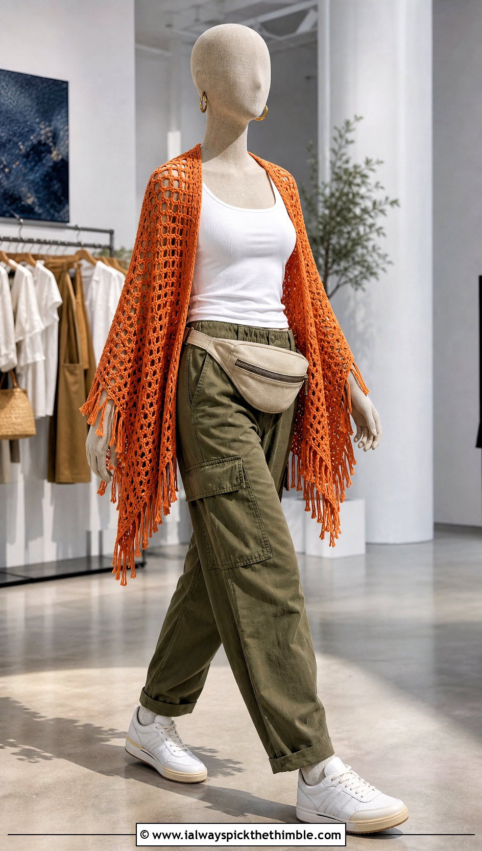 Mesh Tassel Crochet Poncho With Cargo Pants - 15 crochet poncho on mannequin outfit ideas