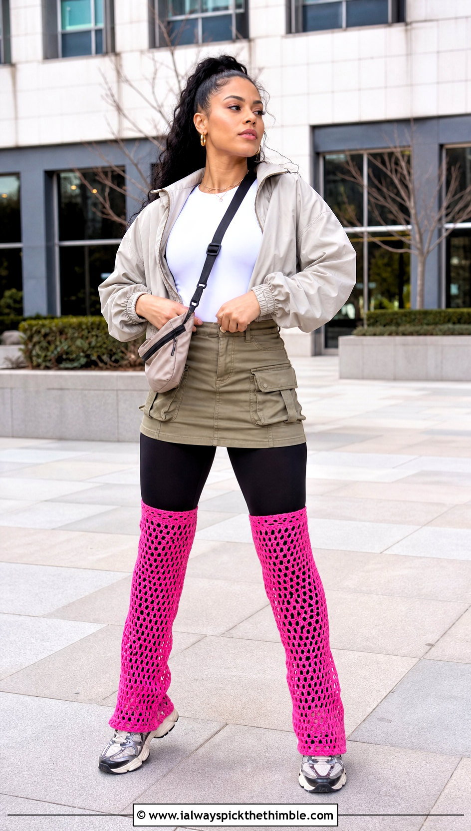 Mesh Thigh High Crochet Leg Warmers With Cargo Skirt - 20 Thigh High Crochet Leg Warmers outfit ideas