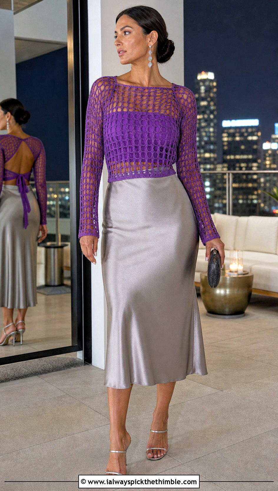 Mesh Tie Back Crochet Top With Satin Midi Skirt - 15 tie back crochet top outfit ideas