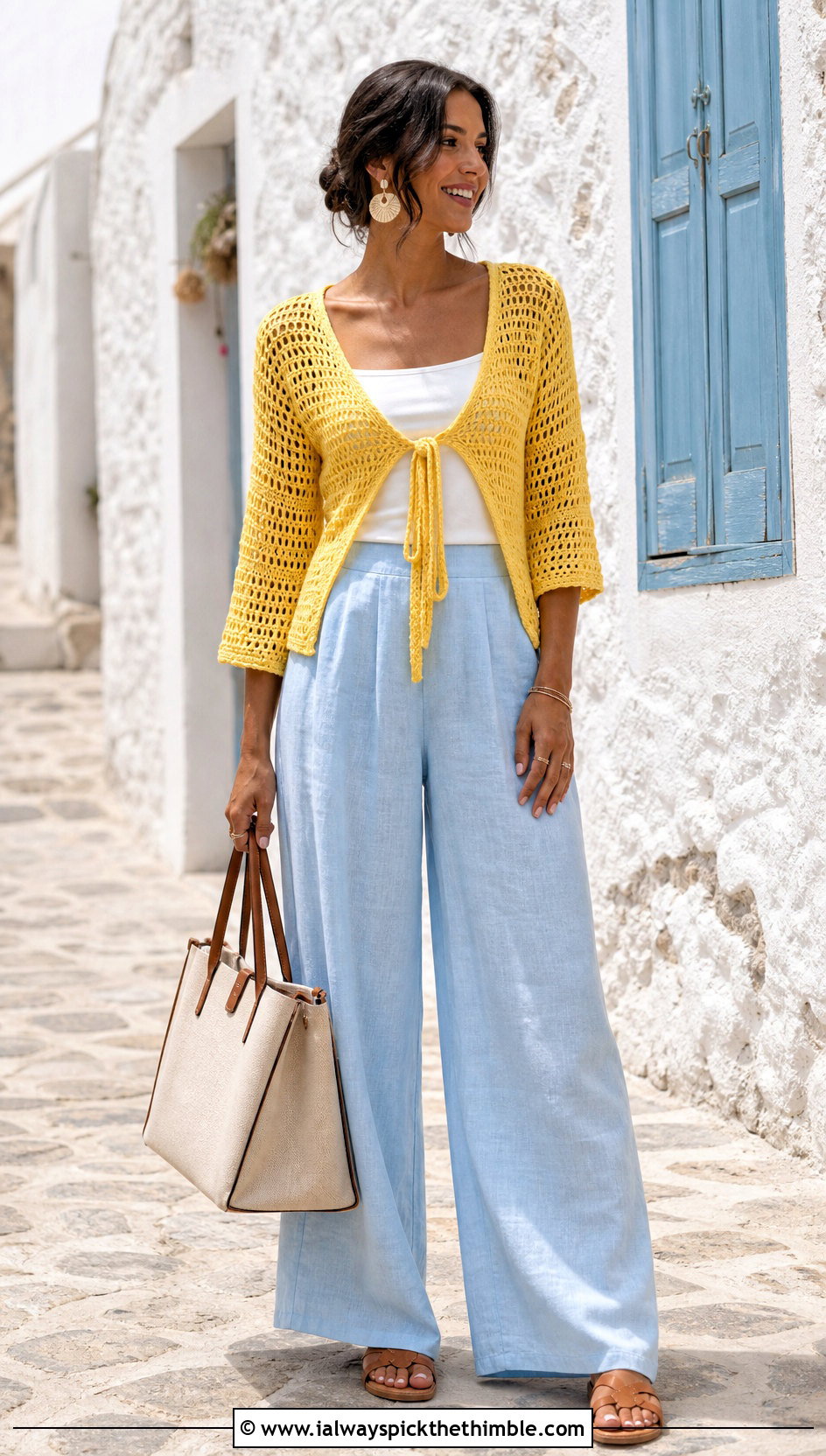 Mesh Tie Front Crochet Cardigan With Linen Pants - 20 crochet cardigan design outfit ideas