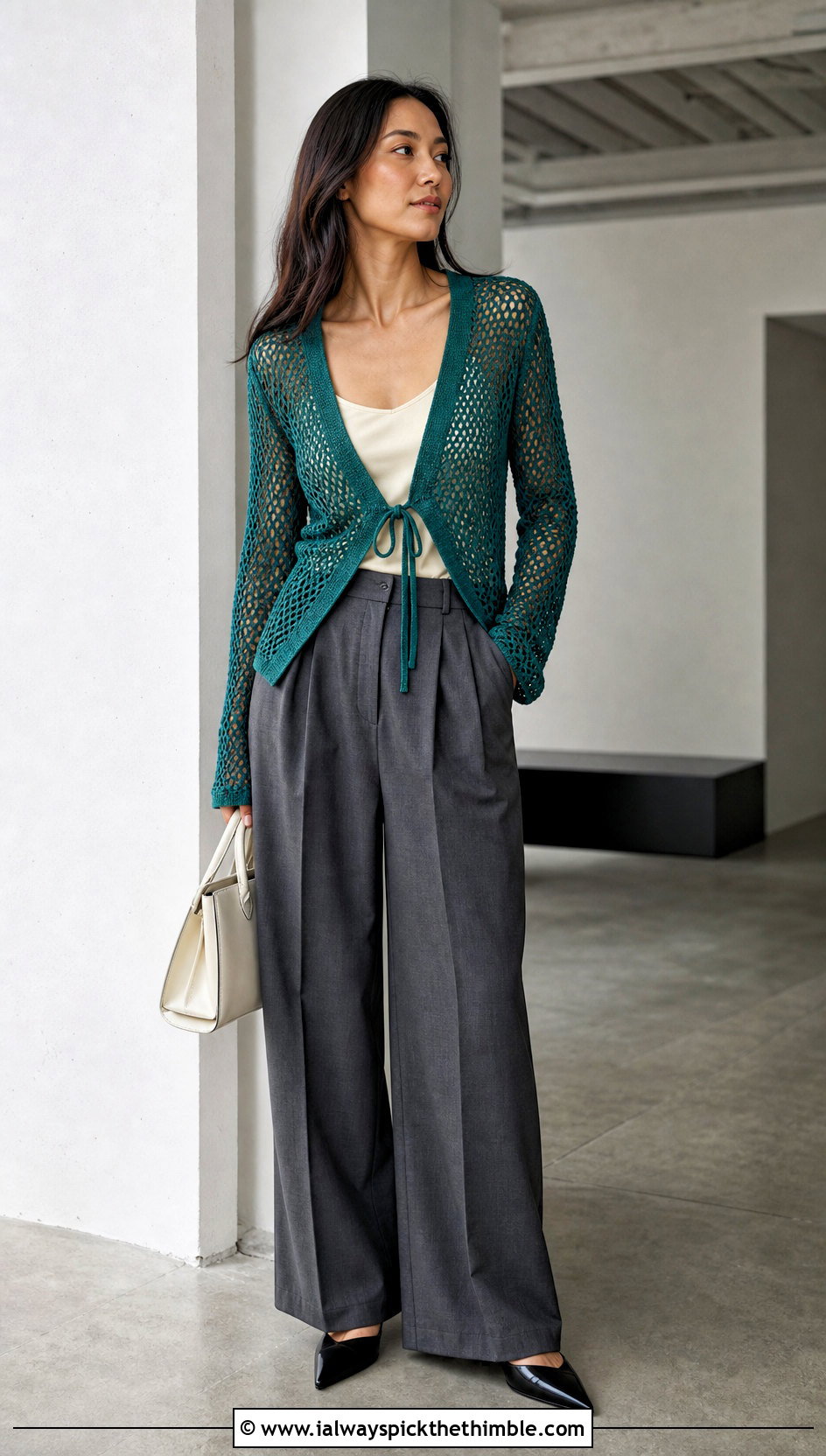 Mesh Tie Front Crochet Cardigan With Wide Leg Trousers - 25 simple crochet cardigan outfit ideas