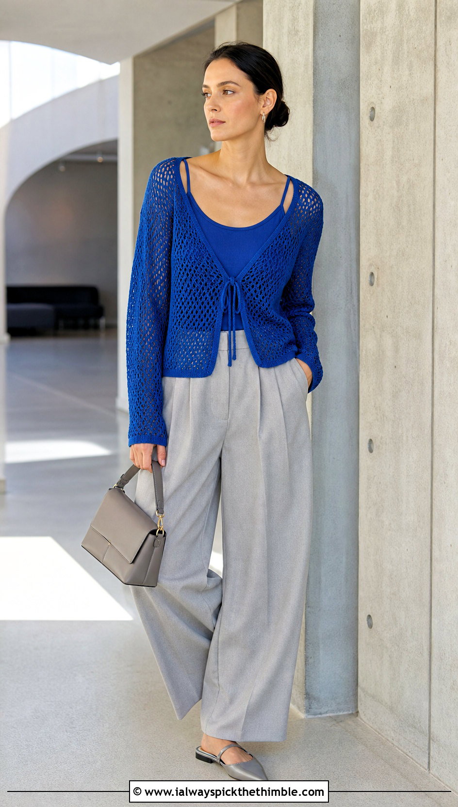 Mesh Tie Front Crochet Cardigan With Wide Leg Trousers - 25 crochet cardigan for women outfit ideas