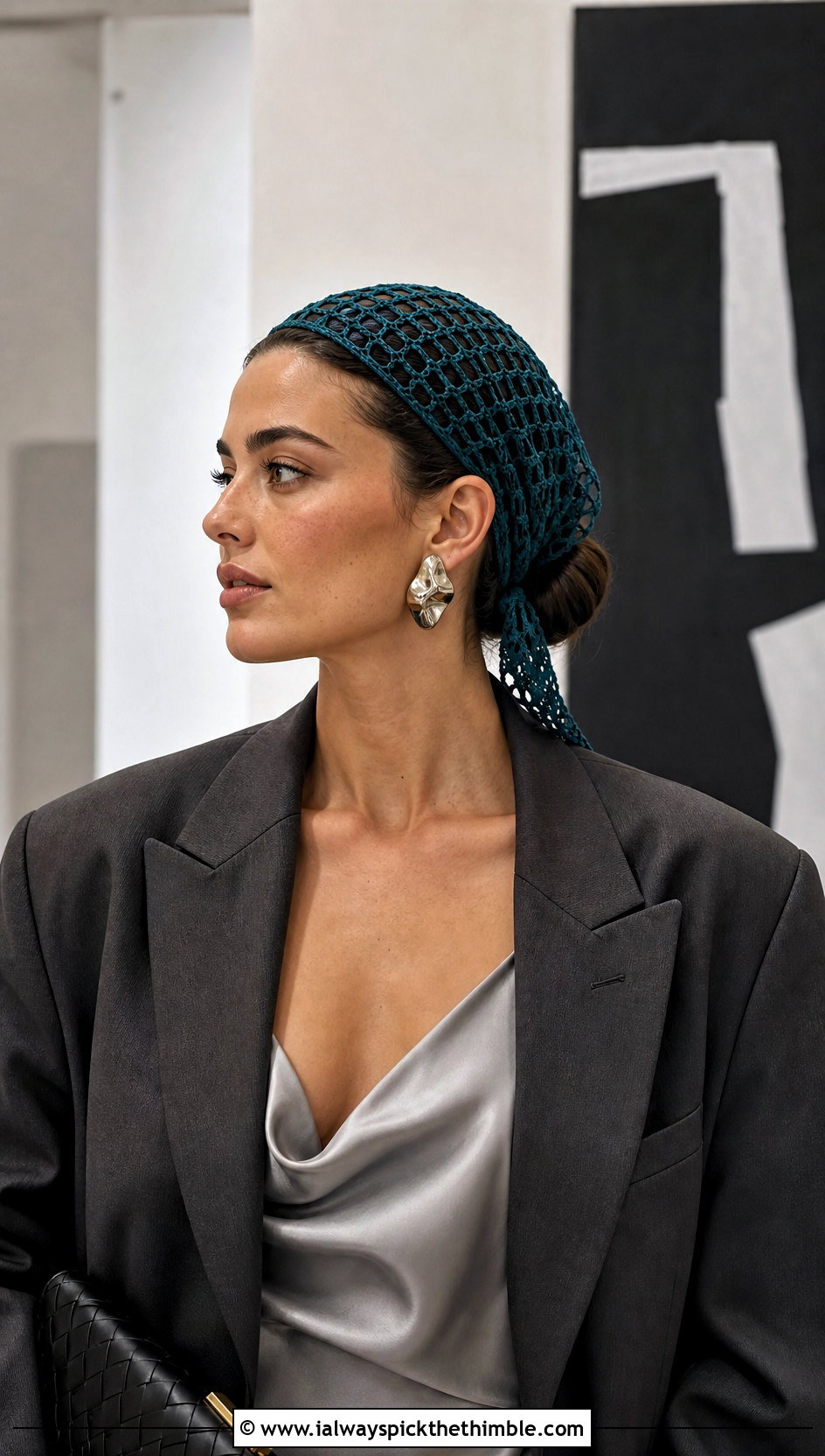 Mesh Triangle Crochet Head Scarf With Slip Dress And Blazer - 25 crochet head scarf outfit ideas
