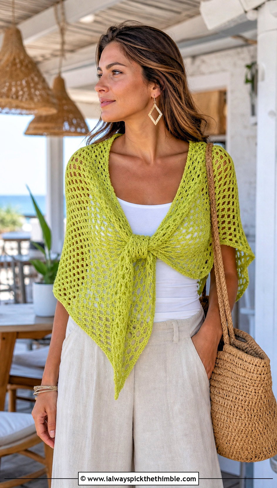 Mesh Triangle Crochet Shawl With Tank Top And Wide Leg Pants - 20 easy triangle crochet shawl outfit ideas