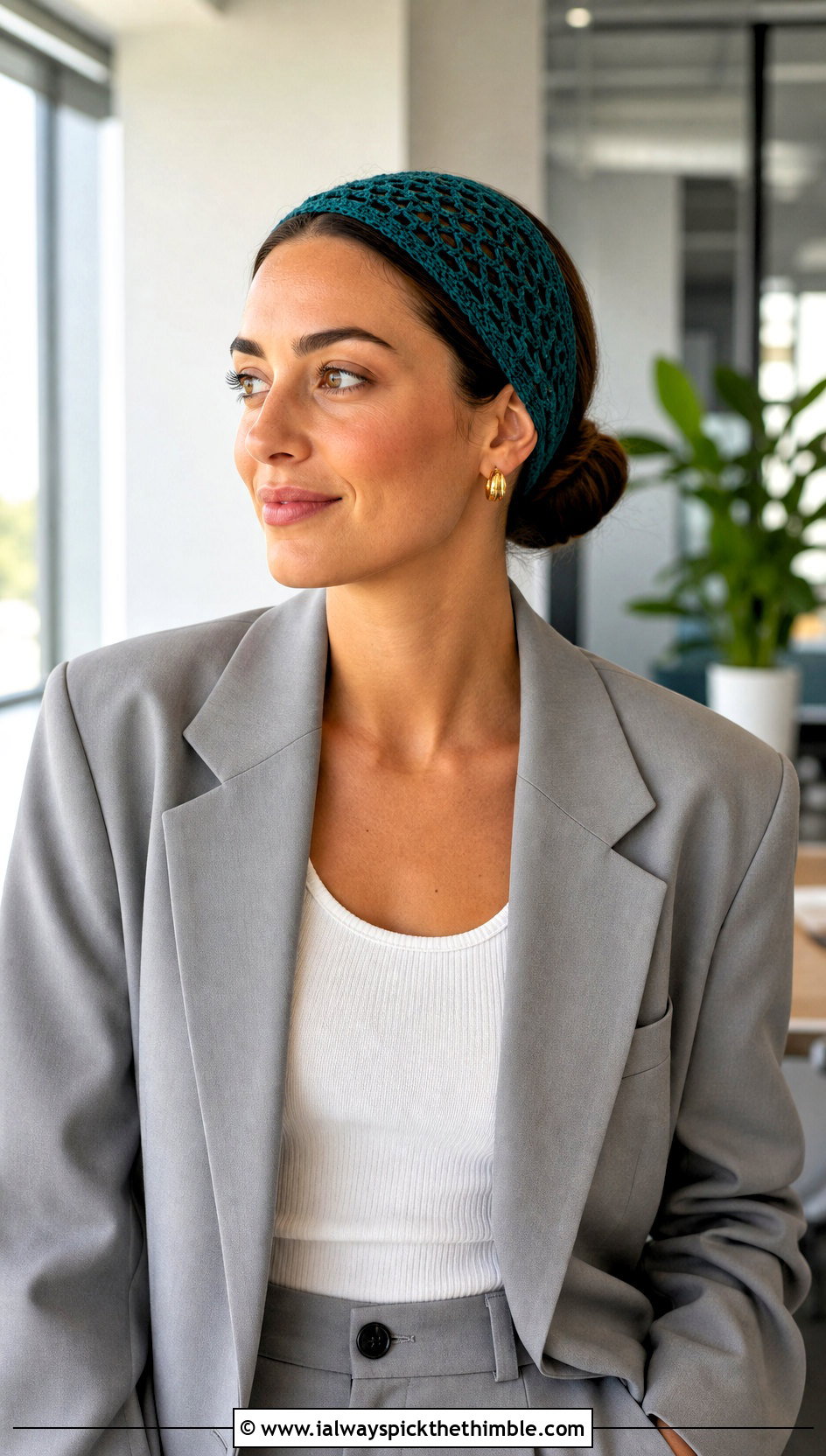 Mesh Triangle Headband With Blazer And Tailored Trousers - 20 crochet triangle headband outfit ideas