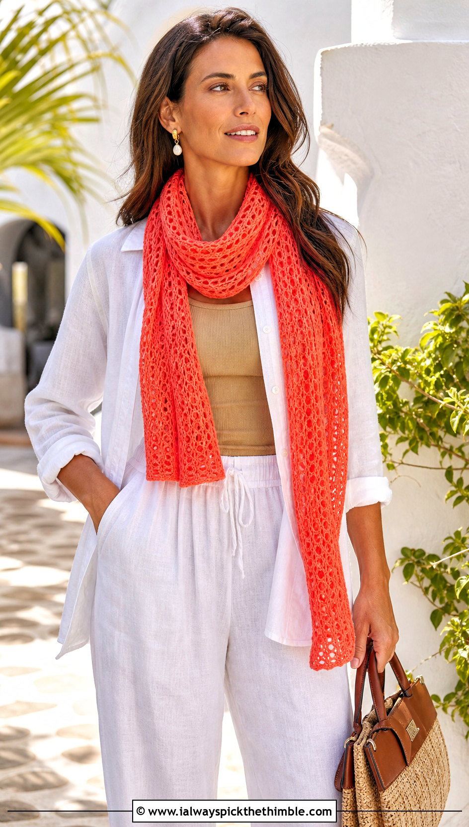 Mesh V Stitch Crochet Scarf With Linen Set - 20 v stitch crochet scarf outfit ideas