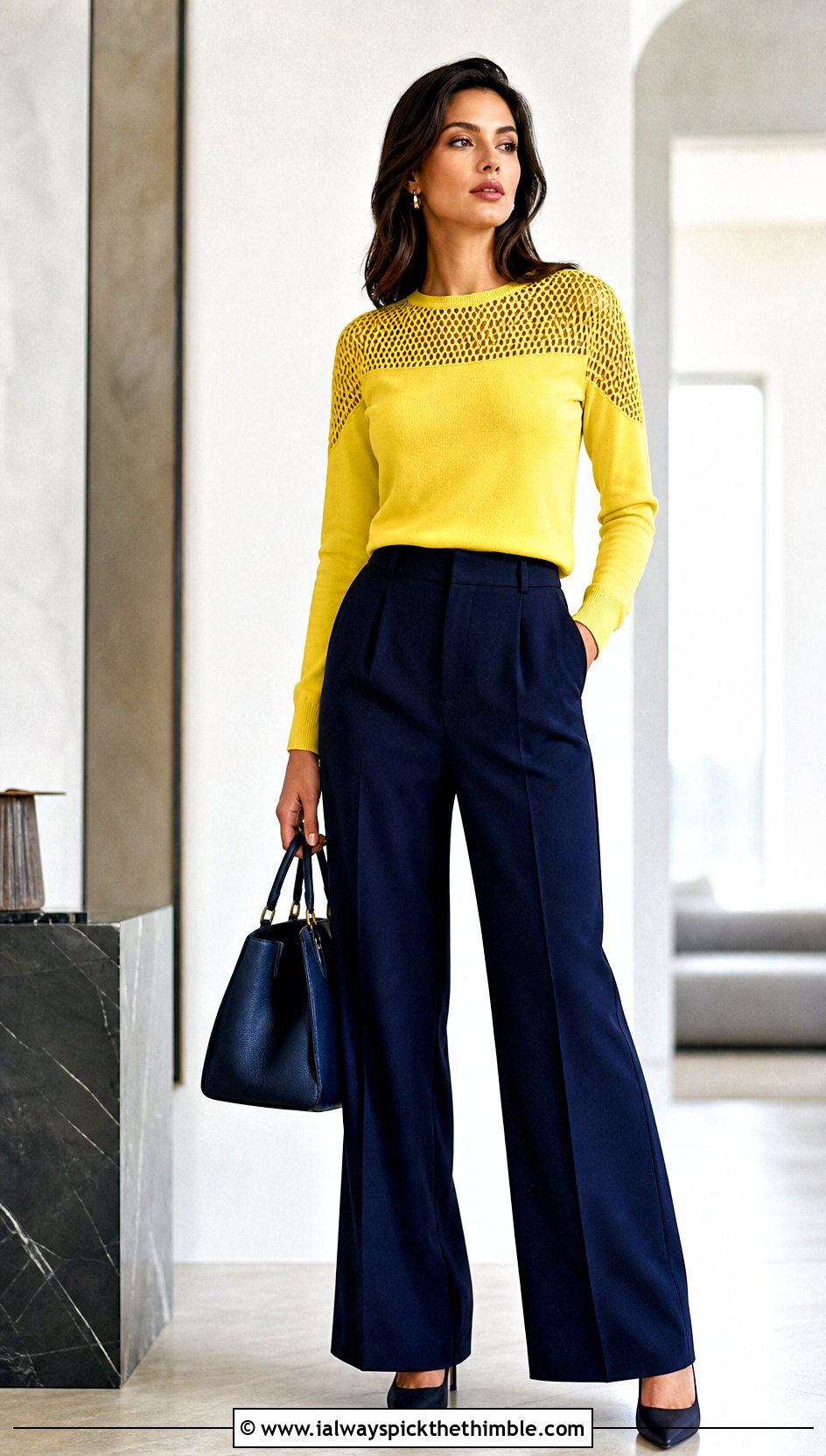 Mesh Yoke Panel Sweater With Wide Leg Trousers - 20 crochet panel sweater outfit ideas