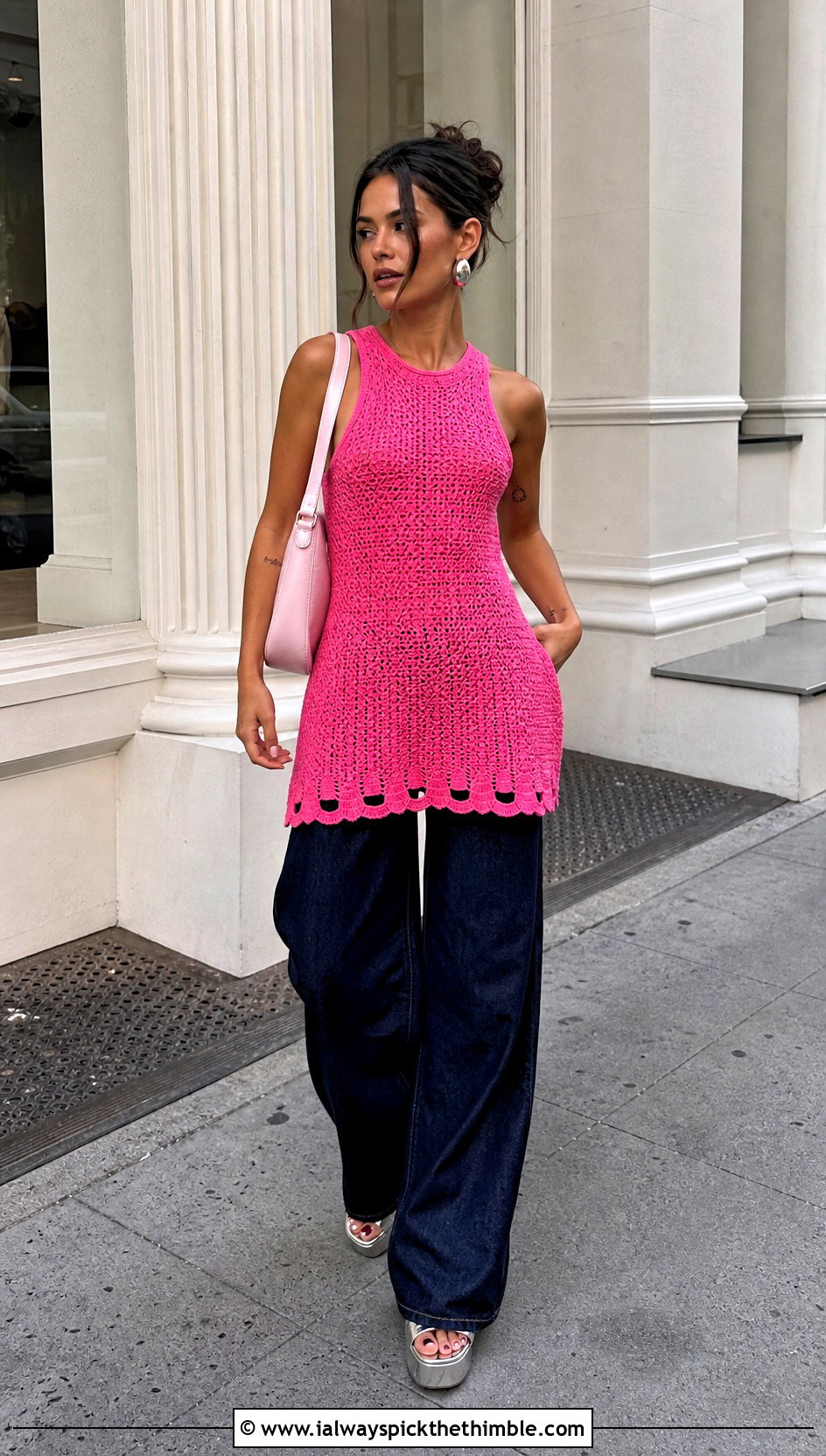 Meshki Crochet Knit Mini Dress With Wide Leg Jeans - 20 Meshki Crochet Dress outfit ideas