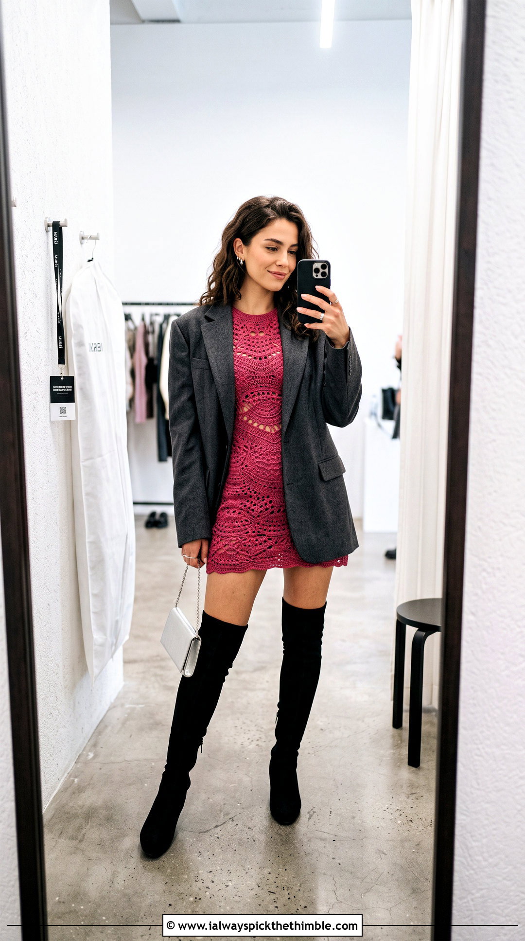 Meshki Crochet Mini Dress With Oversized Suit Jacket - 20 Meshki Crochet Dress outfit ideas