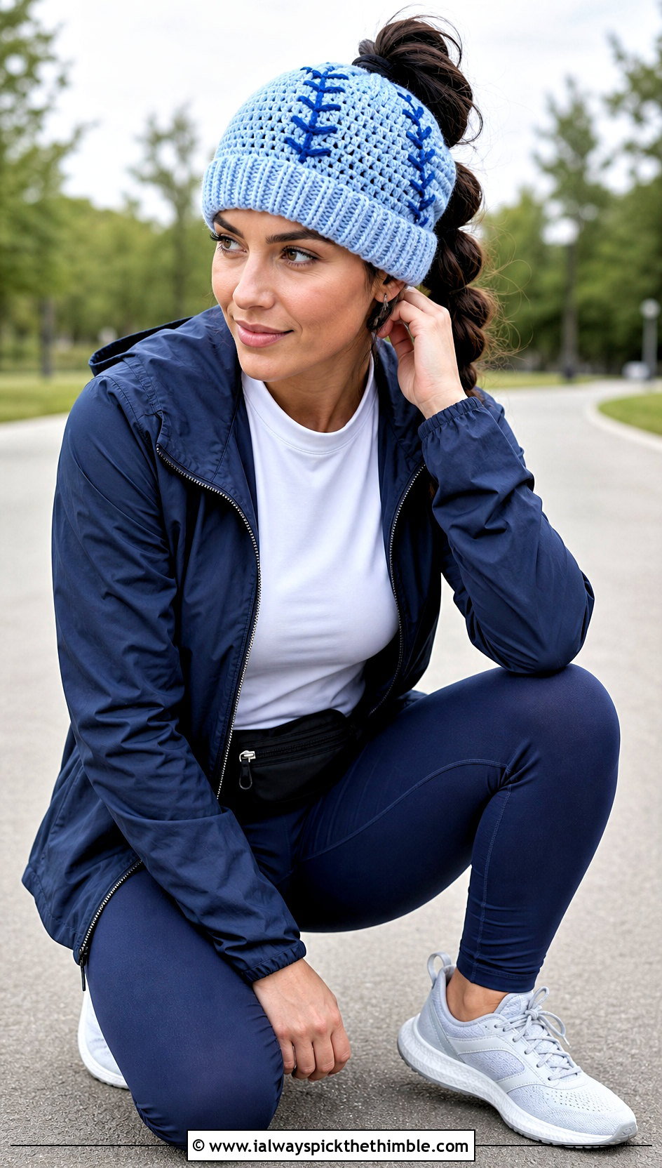 Messy Bun Baseball Crochet Beanie With Windbreaker And Running Leggings - 15 Baseball Crochet Beanie outfit ideas
