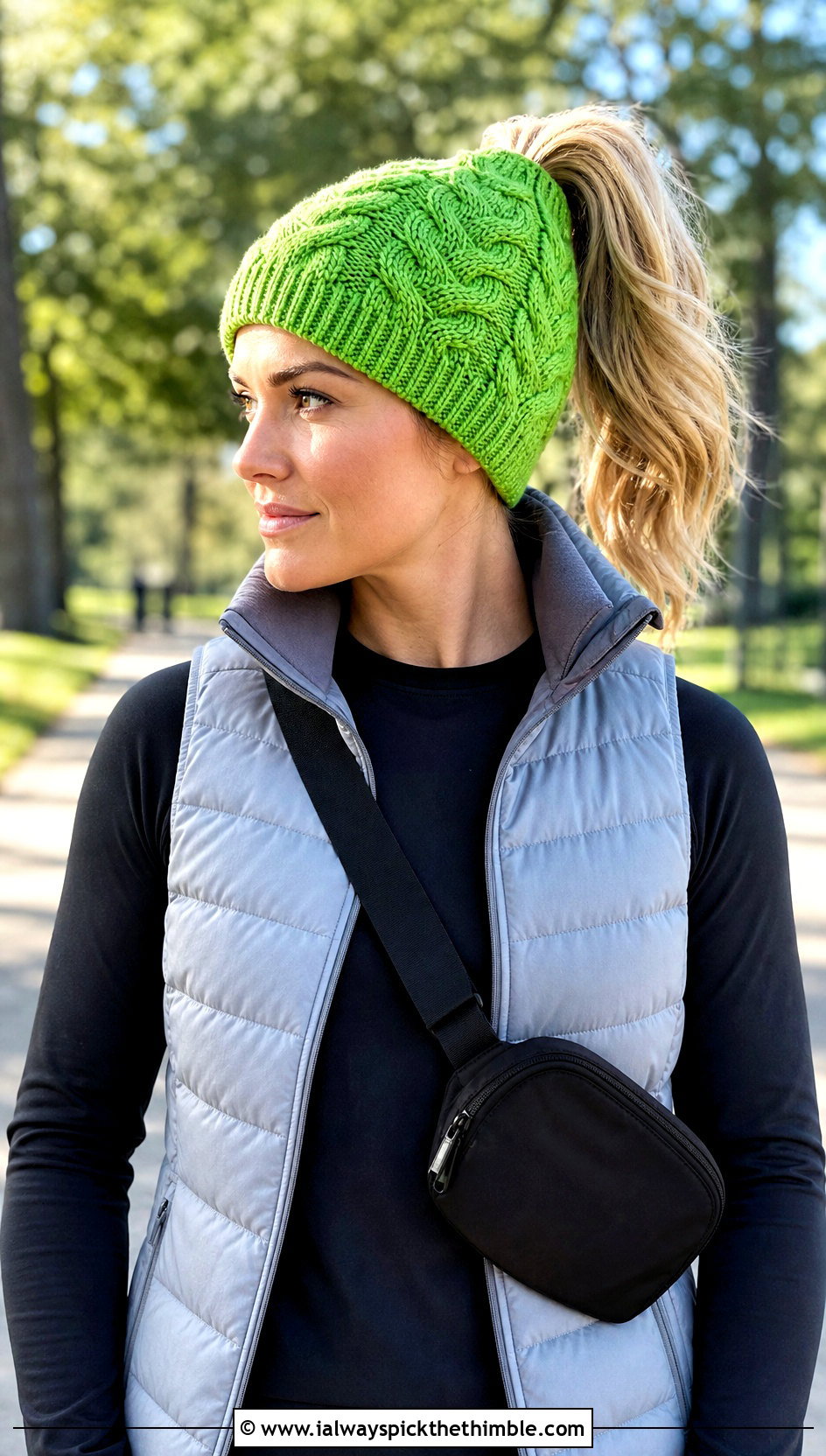 Messy Bun Cable Beanie With Athleisure - 20 Crochet Cable Stitch Hat outfit ideas