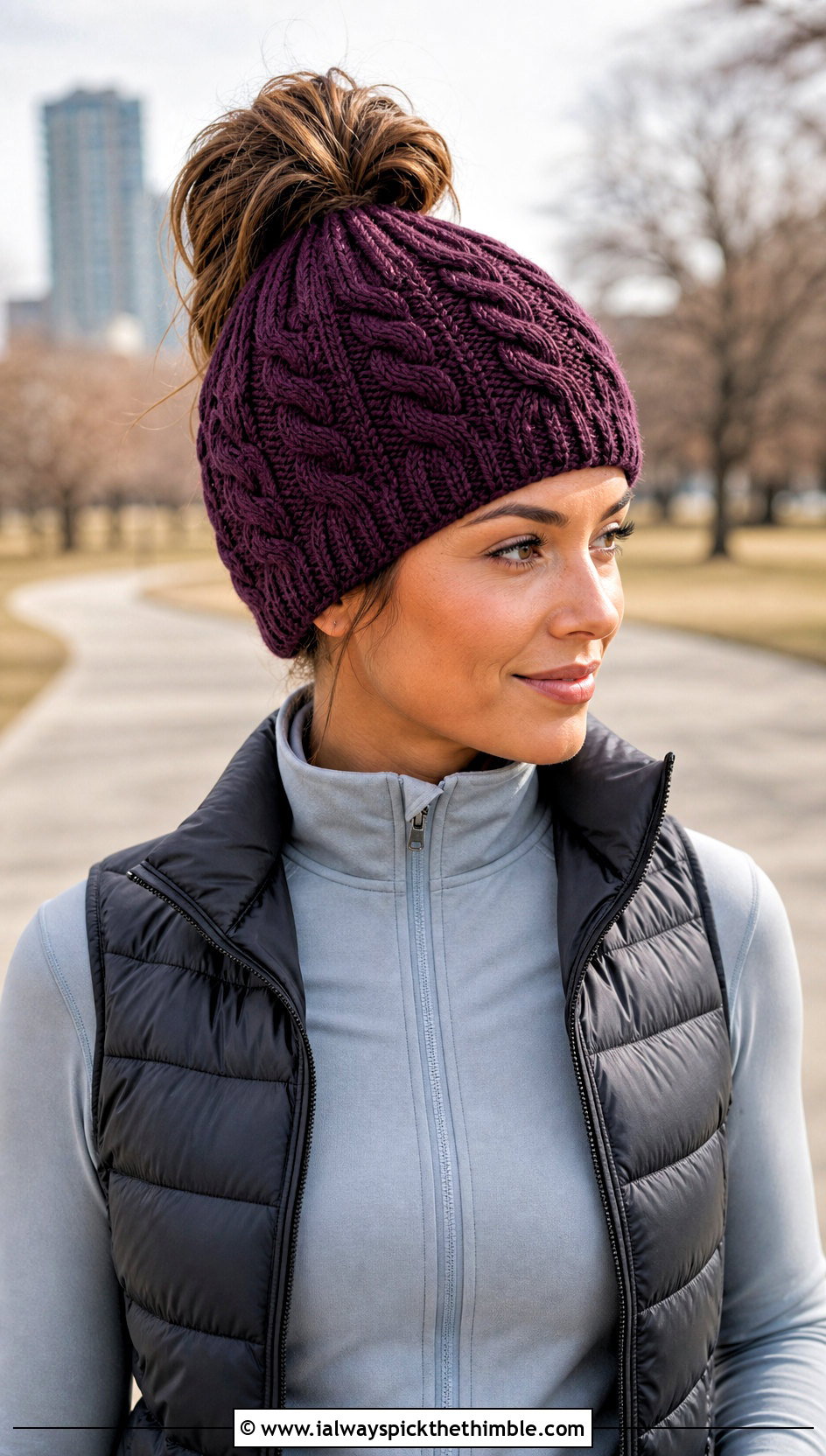 Messy Bun Cable Twist Hat With Athleisure - 15 Crochet Cable Twist Hat outfit ideas