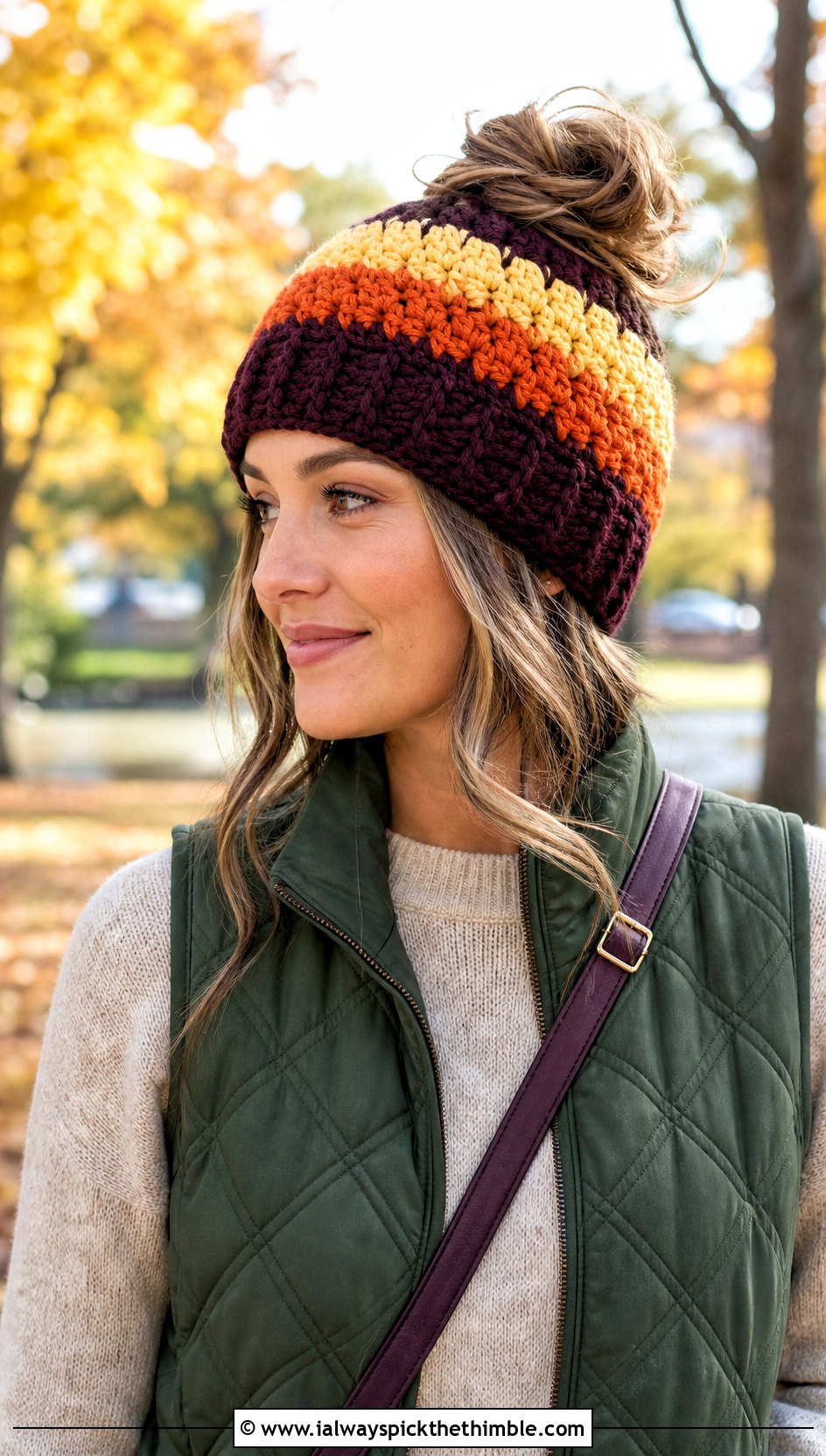 Messy Bun Candy Corn Crochet Beanie With Sweater Dress - 15 candy corn crochet beanie outfit ideas