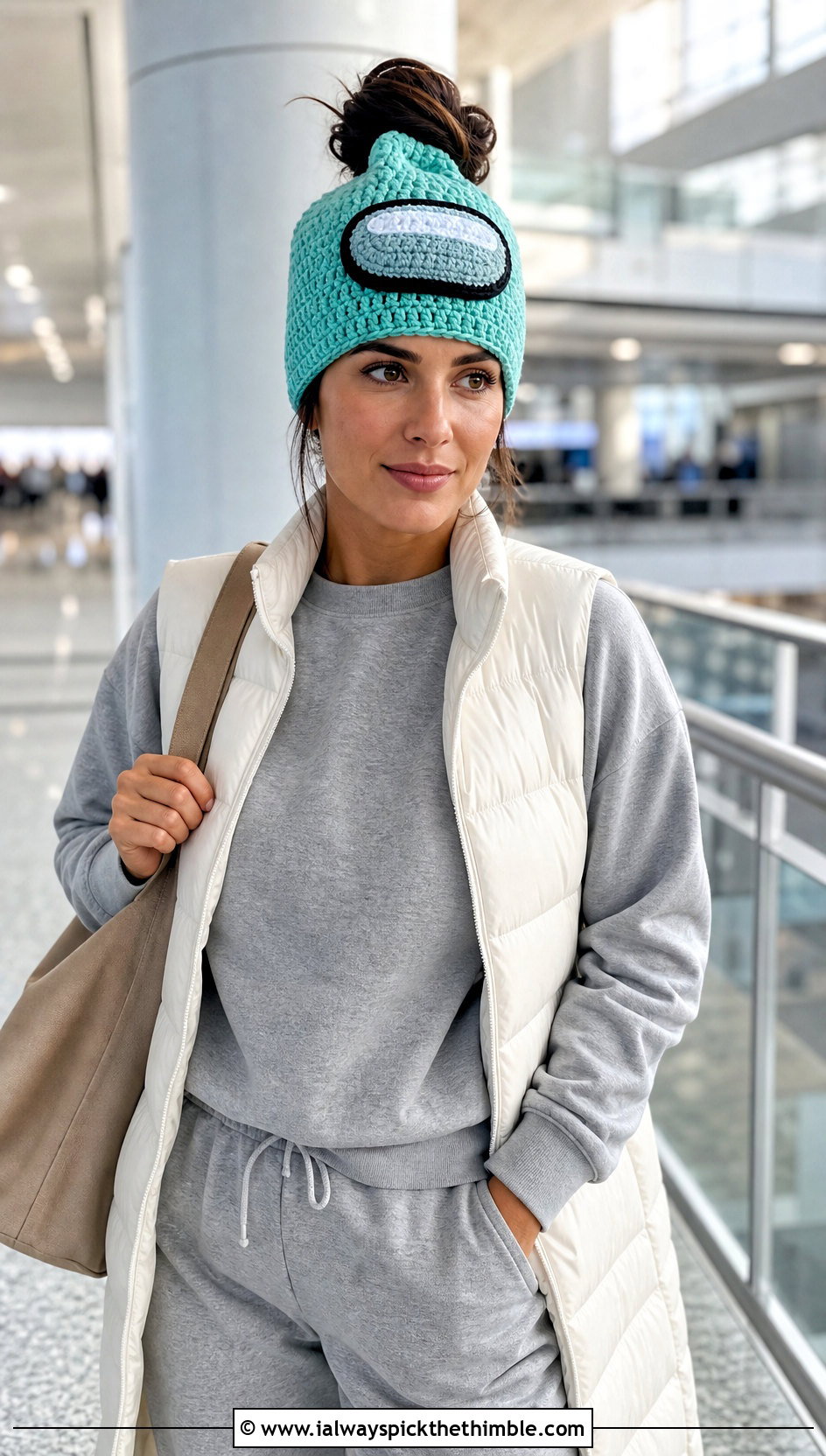 Messy Bun Crewmate Beanie With Matching Sweats - 20 Among Us Crochet Hat outfit ideas