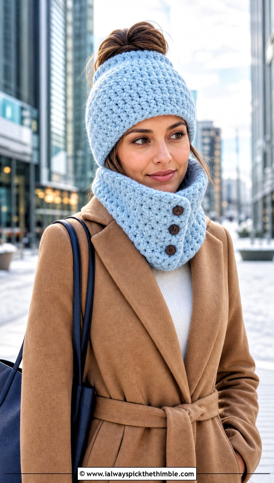 Messy Bun Crochet Beanie And Buttoned Cowl With Wool Coat - 25 crochet hat and scarf set outfit ideas