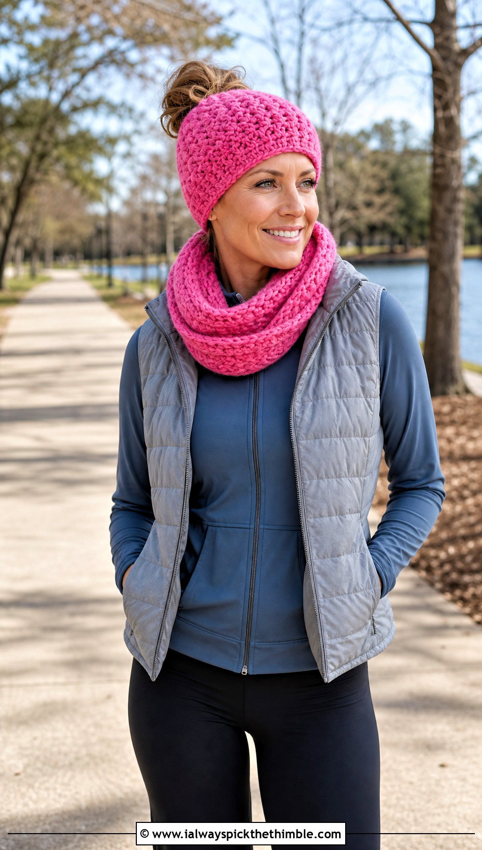 Messy Bun Crochet Beanie And Cowl Scarf With Athleisure - 15 Easy Crochet Hat And Scarf Set outfit ideas