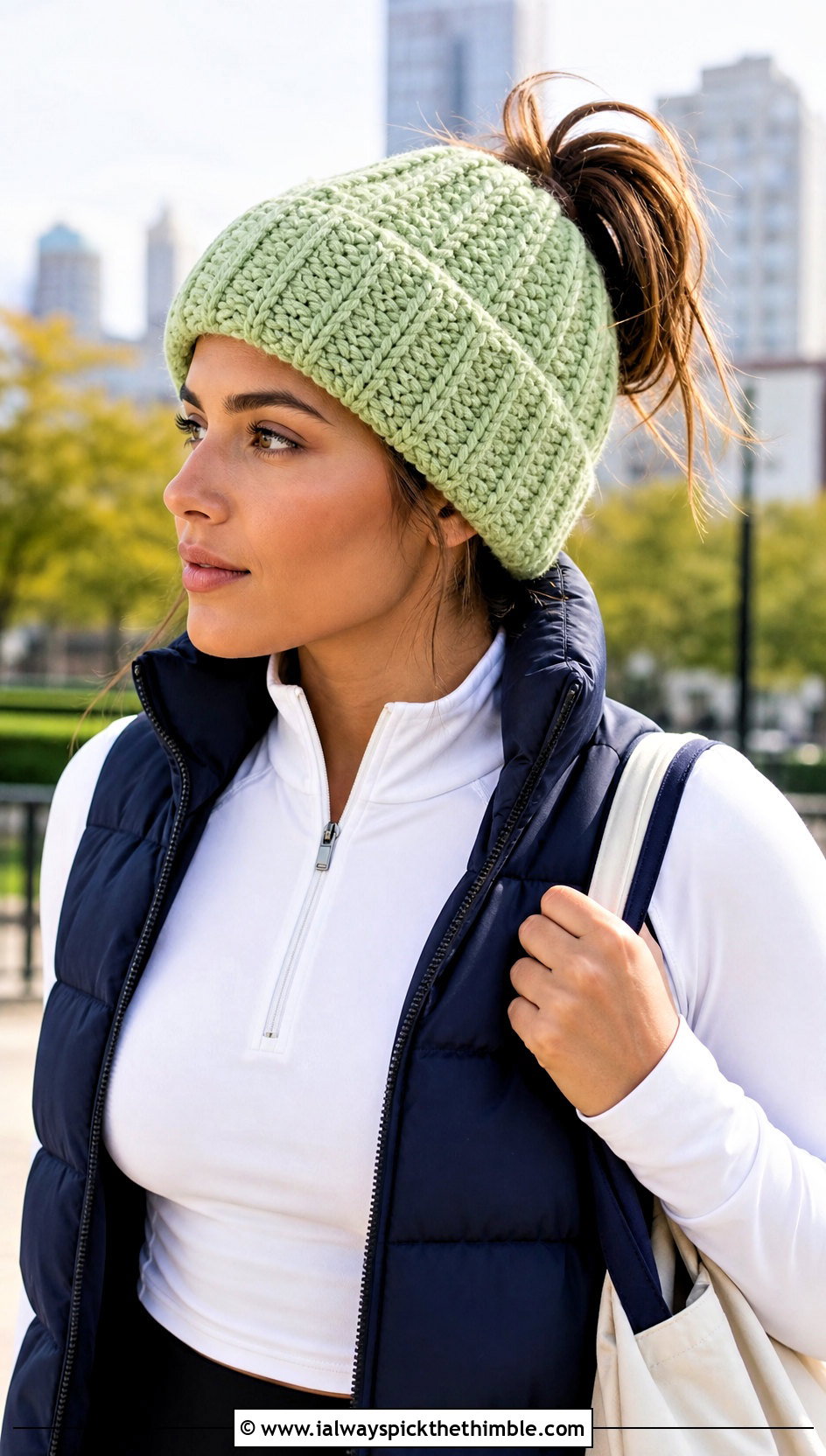 Messy Bun Crochet Beanie With Athleisure Outfit - 20 winter crochet hats outfit ideas