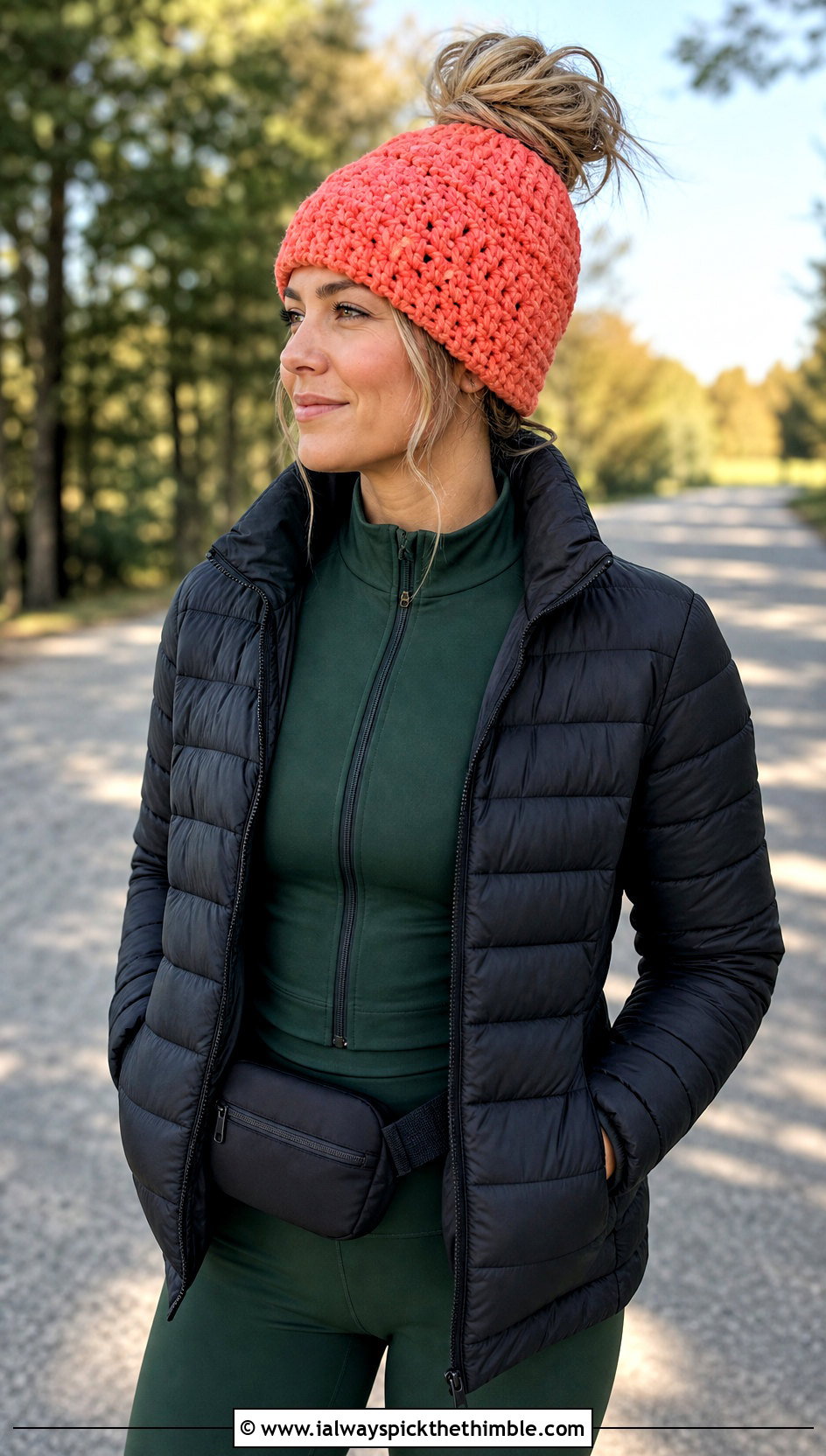 Messy Bun Crochet Beanie With Athleisure Set - 15 Womens Crochet Beanie outfit ideas