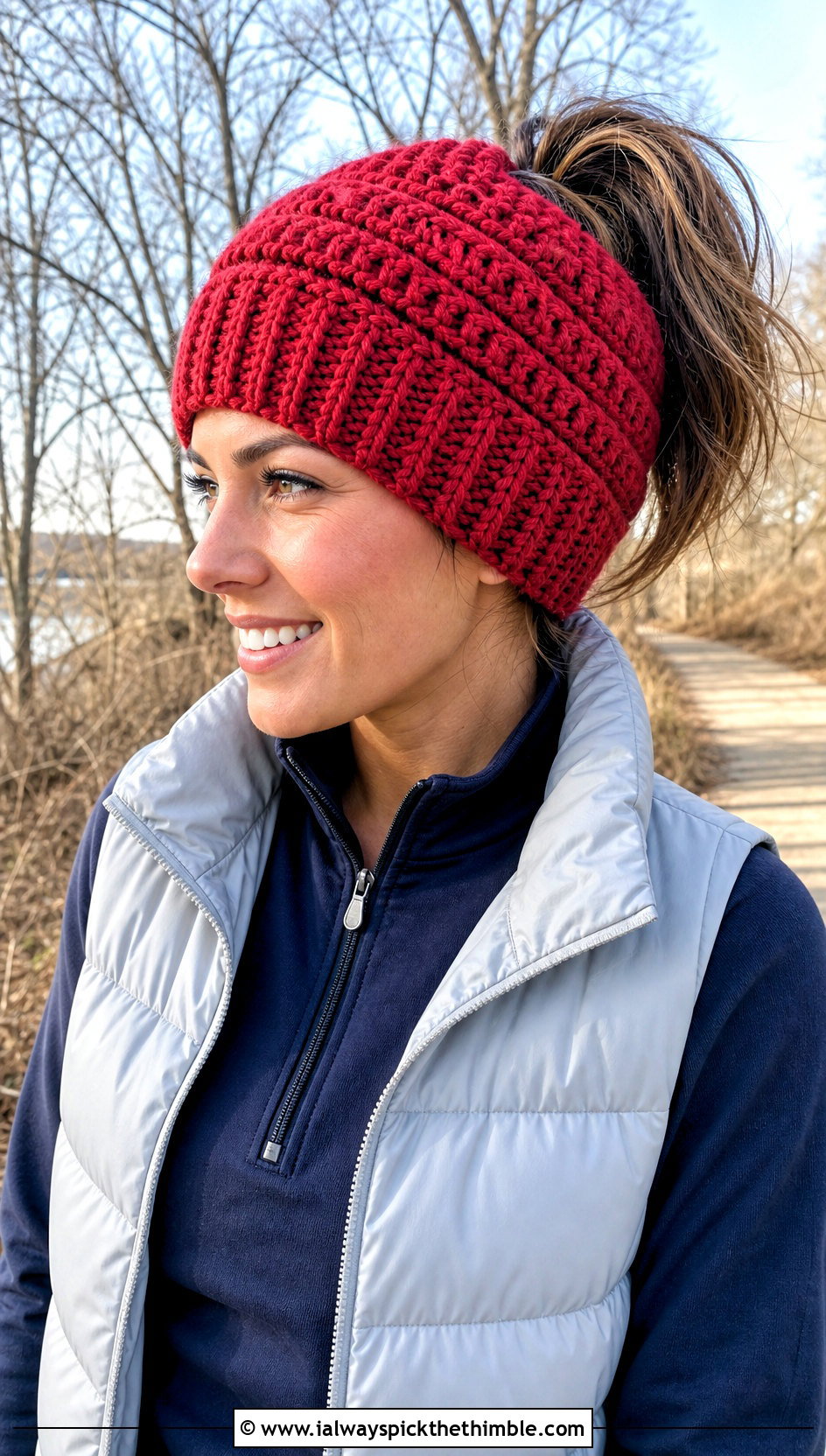 Messy Bun Crochet Beanie With Athleisure - 25 cute crochet beanies outfit ideas