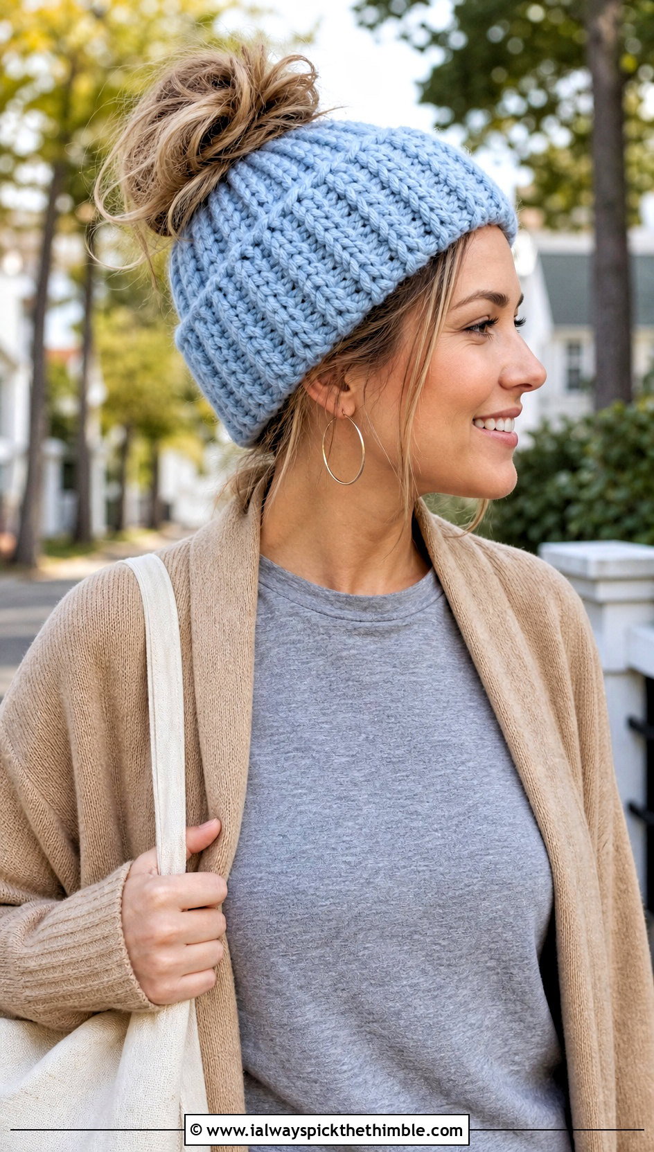 Messy Bun Crochet Beanie With Cardigan And Leggings - 25 crocheted hats outfit ideas