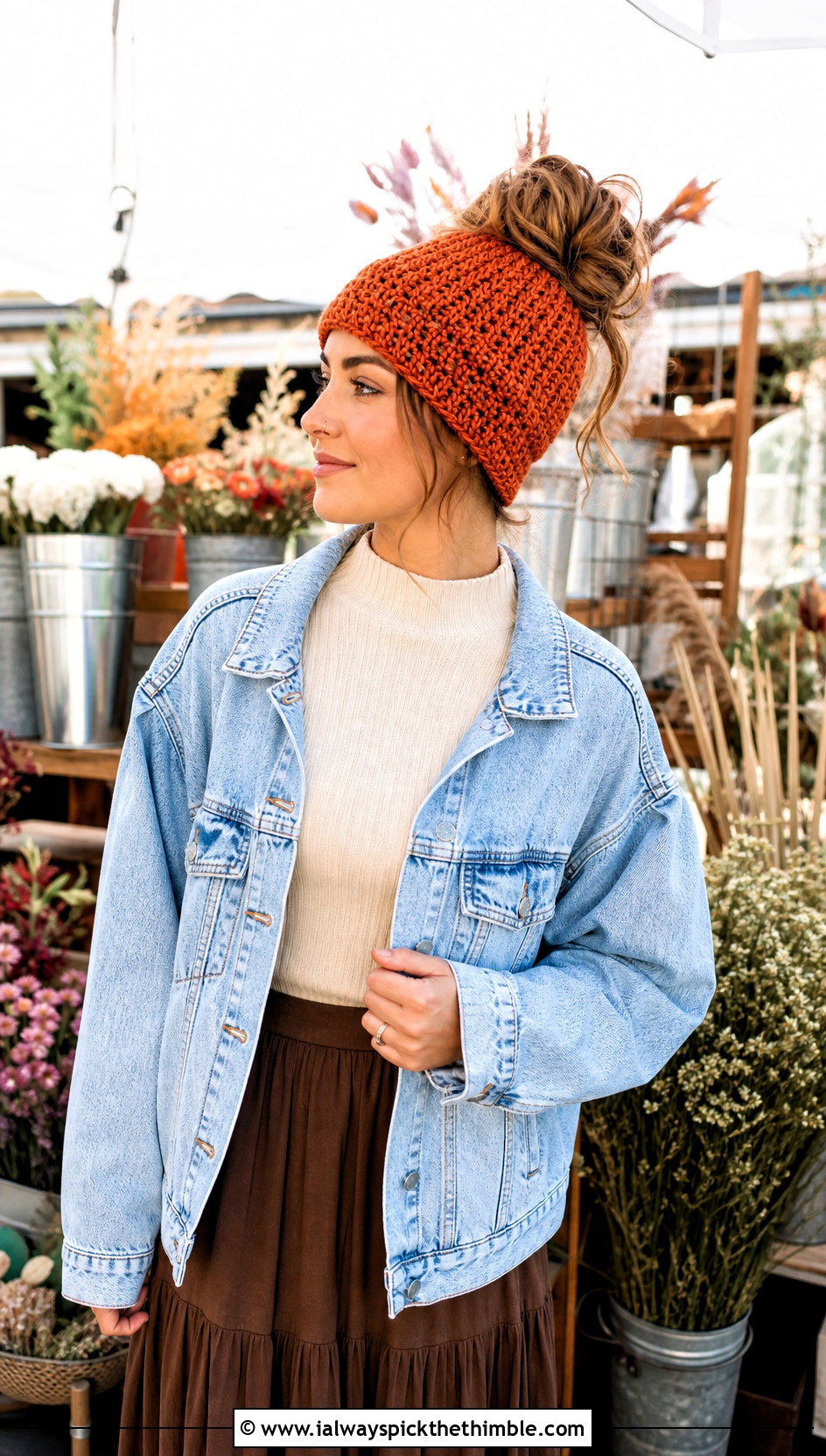 Messy Bun Crochet Beanie With Denim Jacket And Maxi Skirt - 15 Easy Crochet Beanies For Beginners outfit ideas