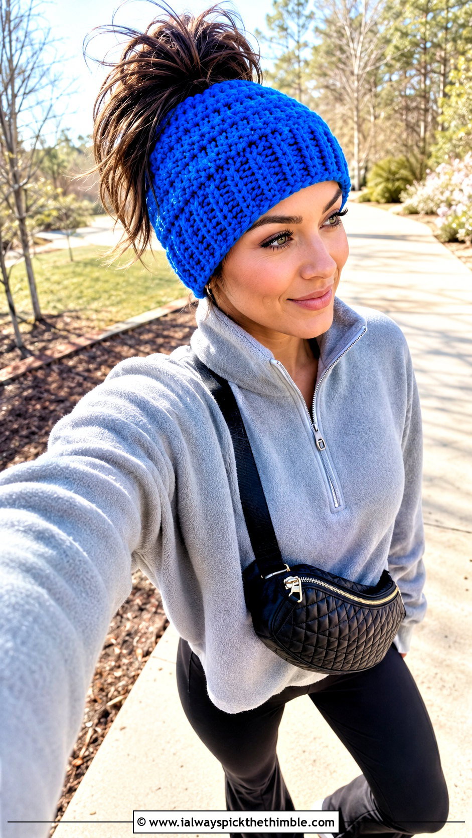 Messy Bun Crochet Beanie With Fleece And Flared Leggings - 25 crochet winter hat outfit ideas