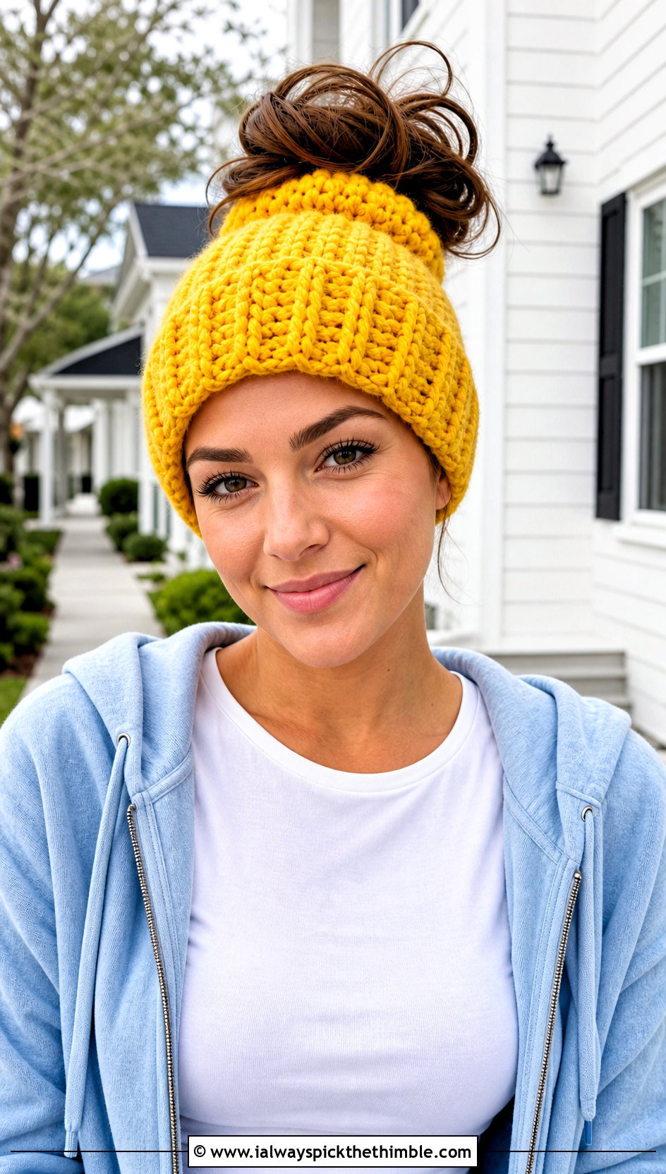 Messy Bun Crochet Beanie With Hoodie And Joggers - 25 quick crochet hat outfit ideas