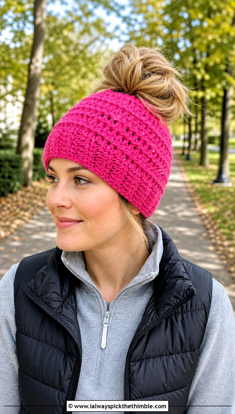 Messy Bun Crochet Beanie With Leggings And Fleece - 15 Crochet Crowd Hat outfit ideas