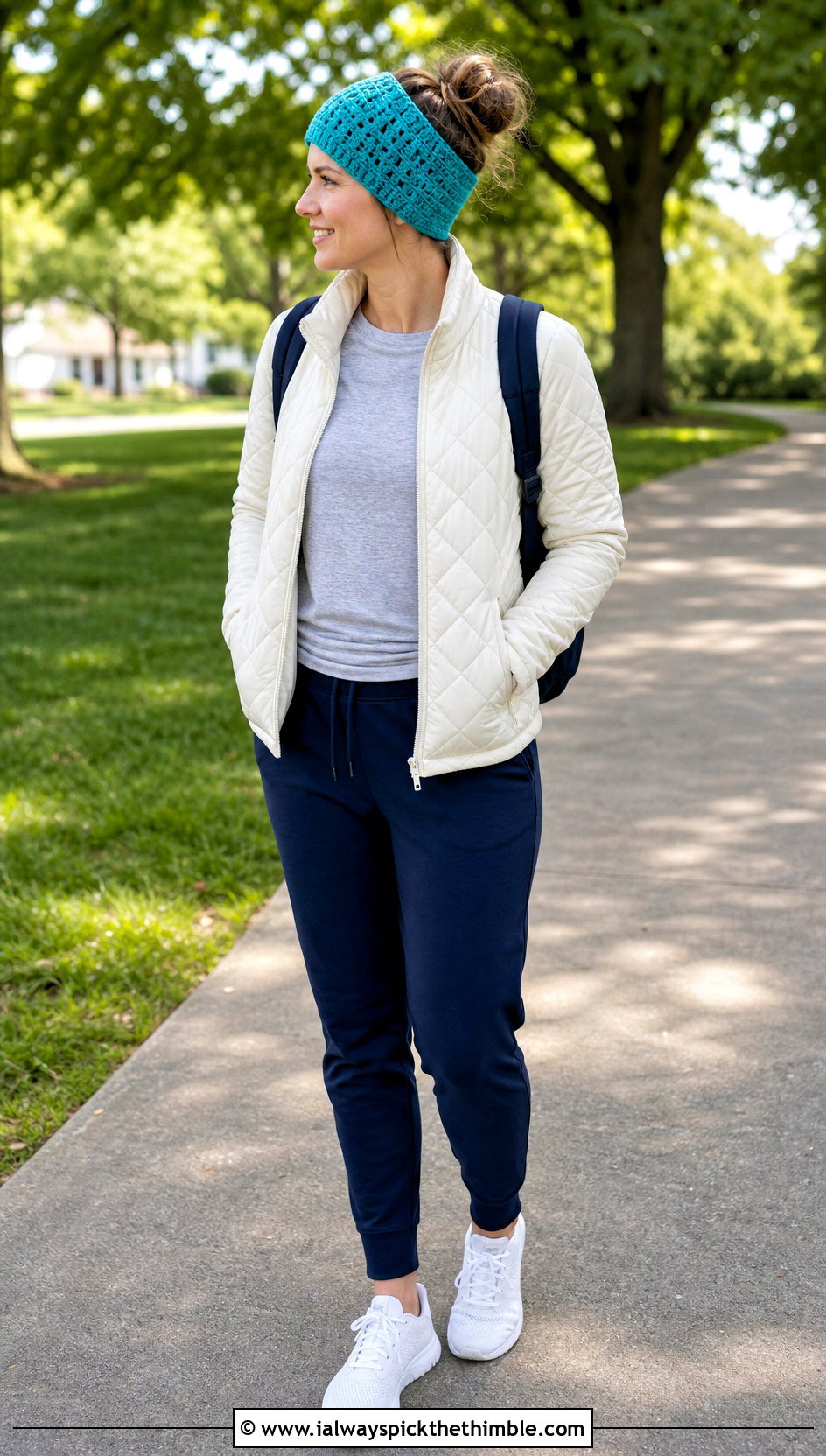 Messy Bun Crochet Beanie With Quilted Jacket And Joggers - 20 Fast Crochet Beanie outfit ideas