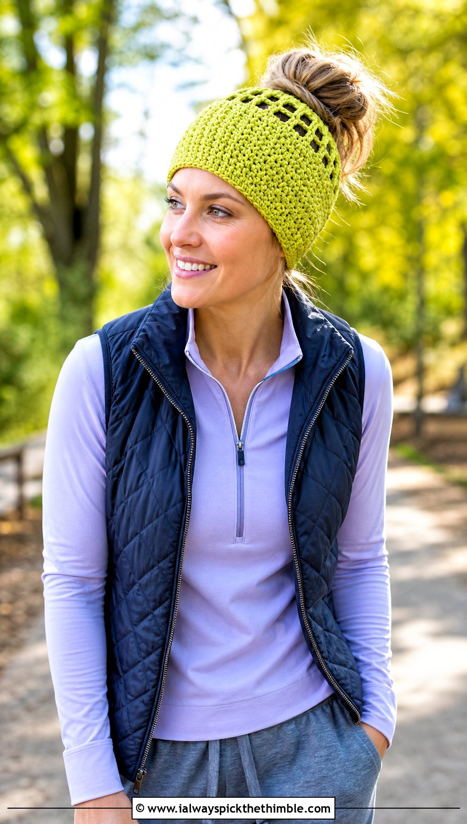 Messy Bun Crochet Beanie With Quilted Vest And Joggers - 20 winter crochet hat for women outfit ideas