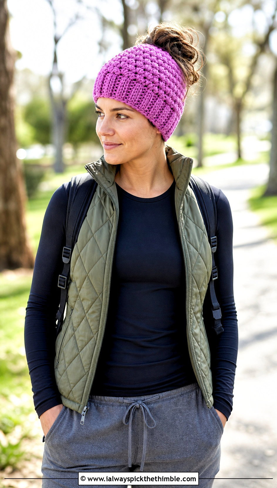 Messy Bun Crochet Beanie With Quilted Vest And Joggers - 25 crochet beanies outfit ideas
