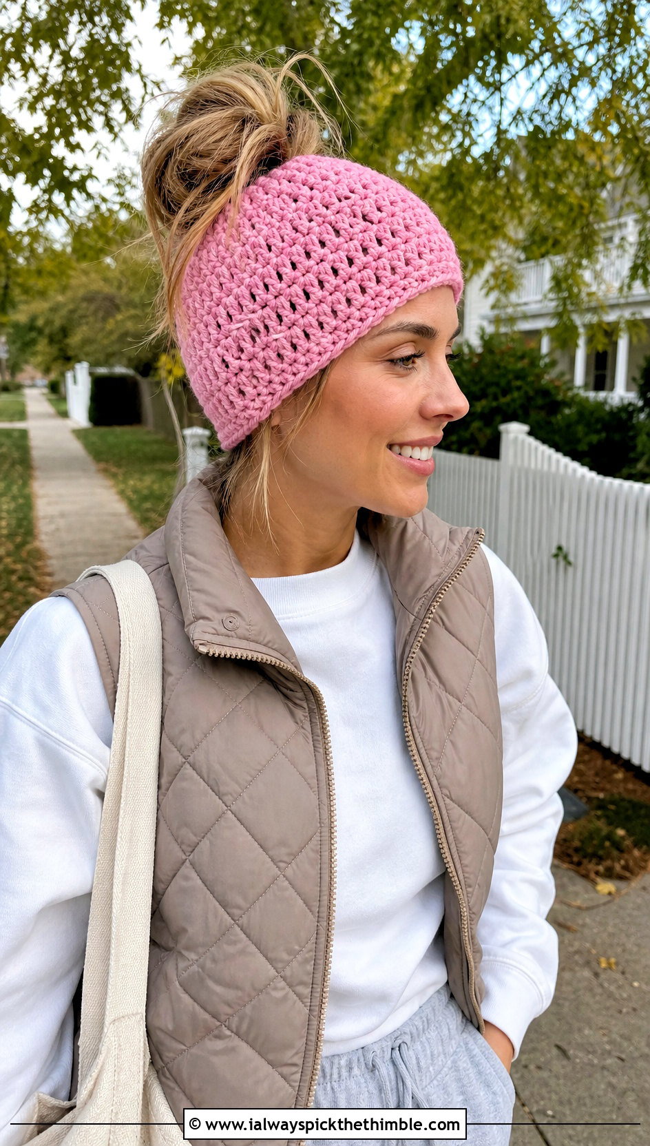 Messy Bun Crochet Beanie With Quilted Vest And Joggers - 25 crochet winter hats outfit ideas