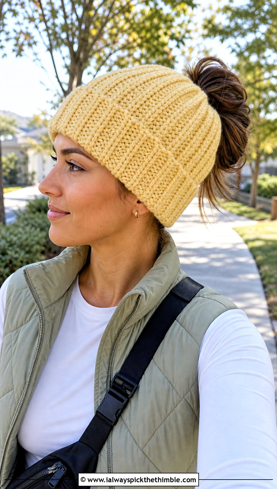 Messy Bun Crochet Beanie With Quilted Vest And Joggers - 20 crochet beanies for women outfit ideas