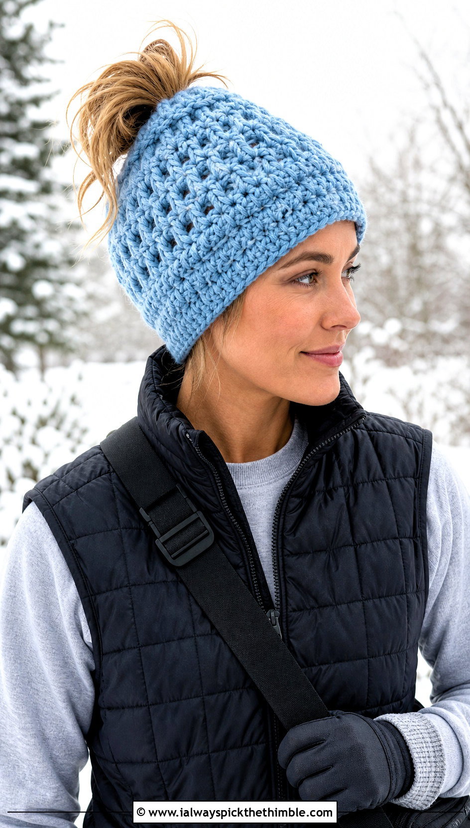 Messy Bun Crochet Beanie With Quilted Vest - 15 diy crochet winter hat outfit ideas