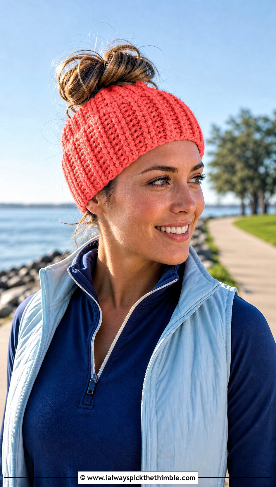 Messy Bun Crochet Beanie With Sporty Layers - 20 lakeside crochet beanie outfit ideas