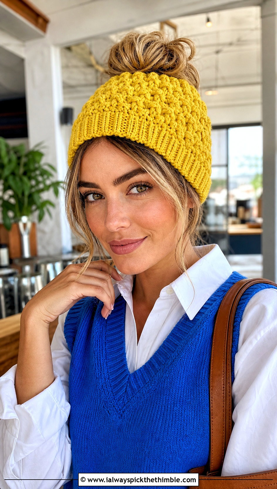 Messy Bun Crochet Bubble Hat With Sweater Vest - 20 Crochet Bubble Hat outfit ideas