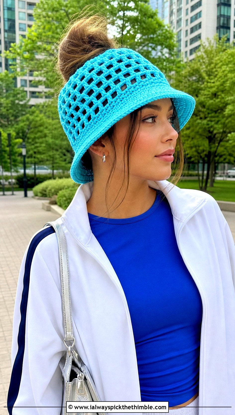 Messy Bun Crochet Bucket Hat With Track Jacket - 20 Easy Messy Bun Crochet Hat outfit ideas