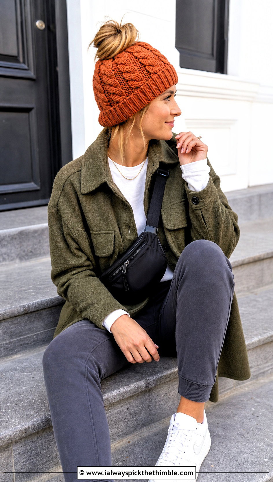 Messy Bun Crochet Cable Beanie With Shacket And Joggers - 20 crochet cable beanie outfit ideas
