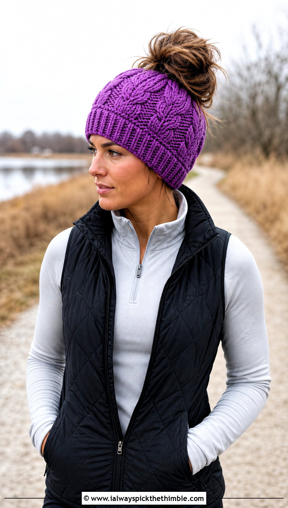 Messy Bun Crochet Cable Hat With Activewear - 25 crochet cable hat outfit ideas