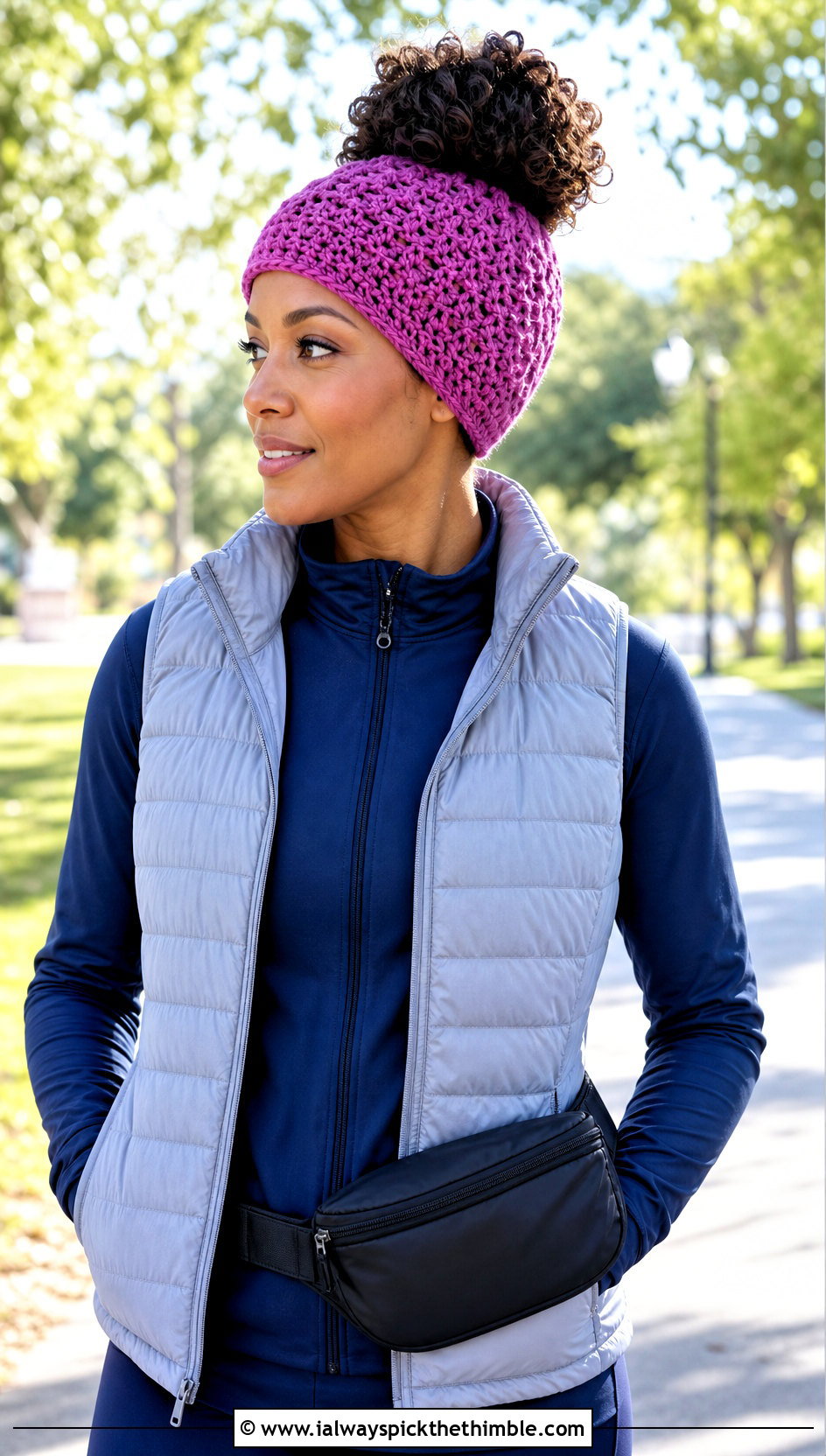 Messy Bun Crochet Hat With Athleisure Set - 20 crochet hat for beginners outfit ideas