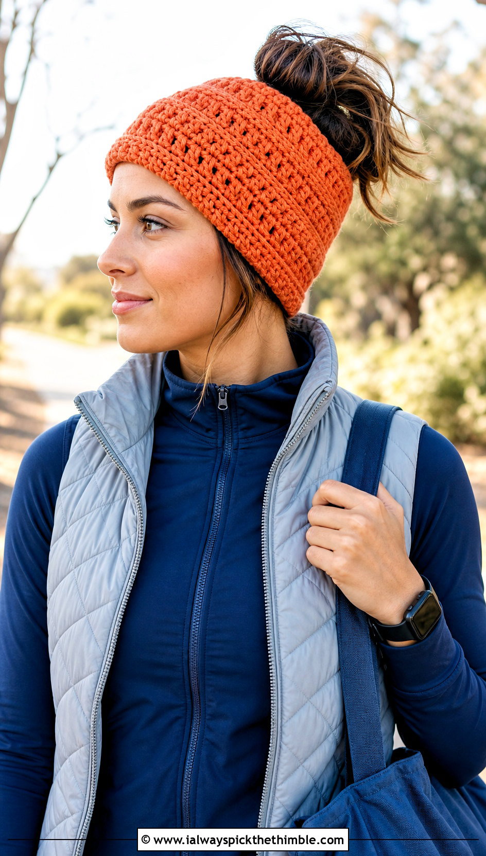 Messy Bun Crochet Hat With Quilted Vest And Leggings - 25 simple crochet hat outfit ideas