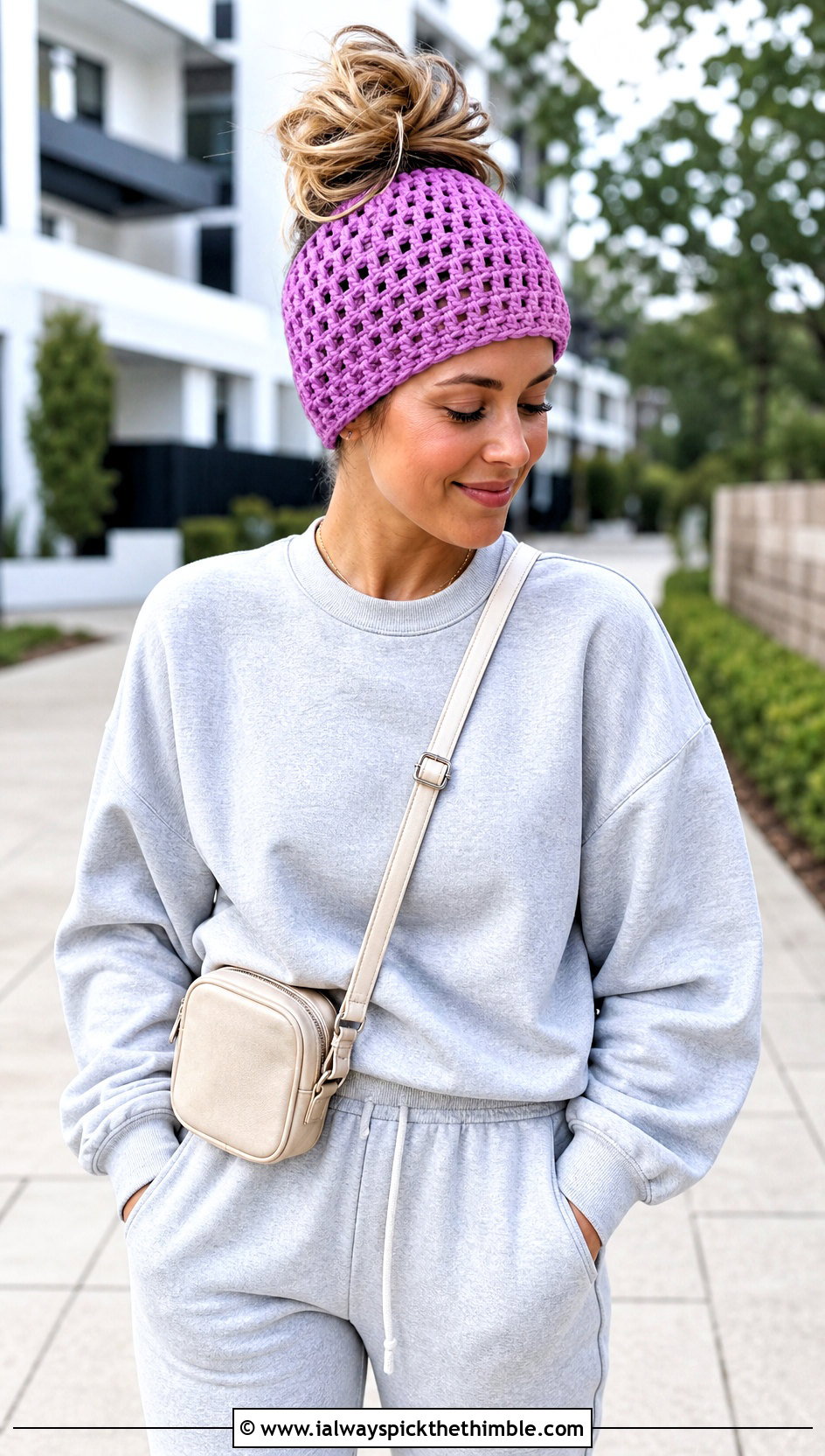 Messy Bun Crochet Hat With Sweatshirt And Joggers - 20 beginner crochet hat outfit ideas