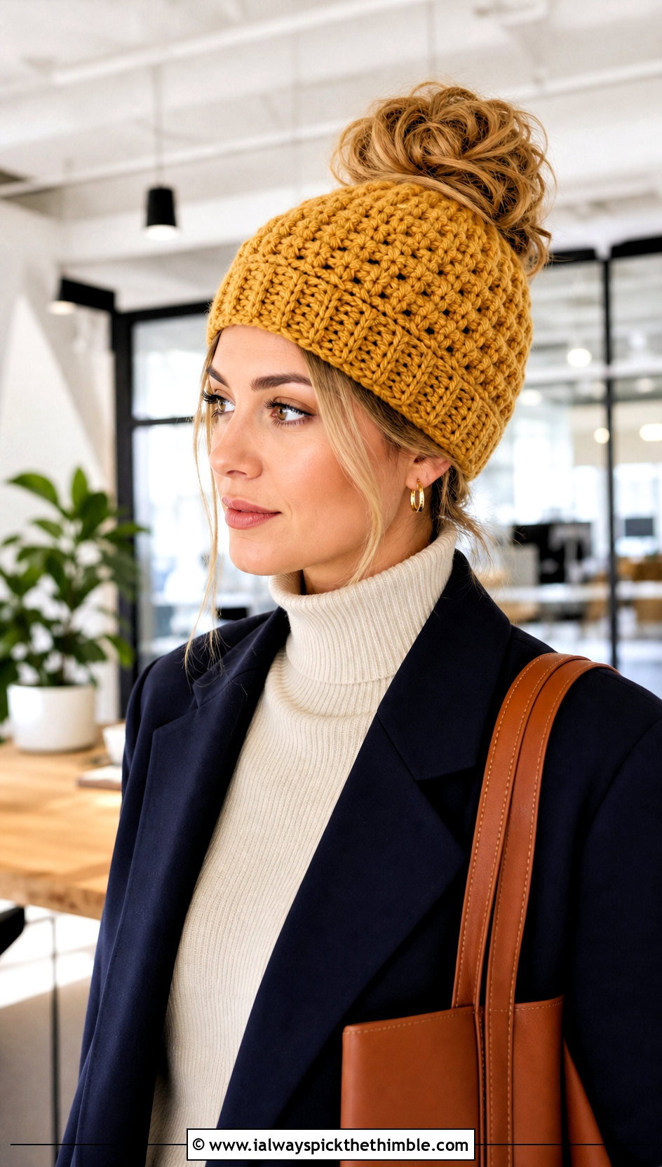 Messy Bun Crochet Ponytail Beanie With Blazer - 20 Crochet Beanie With Ponytail Hole Hat outfit ideas