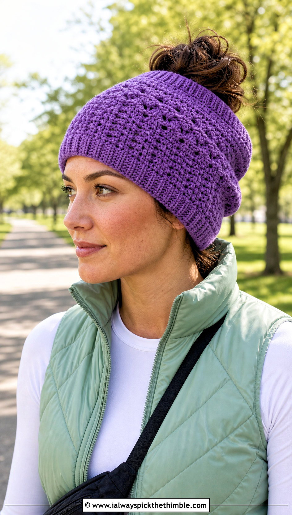 Messy Bun Crochet Slouchy Hat With Quilted Vest And Joggers - 25 crochet slouchy hat outfit ideas