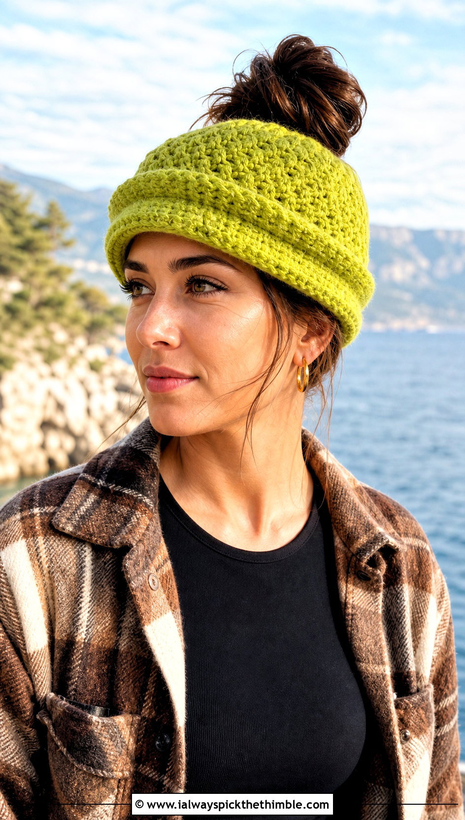 Messy Bun Double Brim Crochet Hat With Shacket - 20 Double Brim Crochet Hat outfit ideas