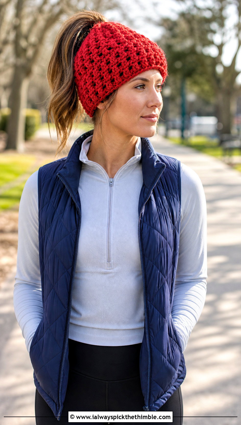 Messy Bun Double Crochet Beanie With Quilted Vest And Flared Leggings - 20 double crochet hat outfit ideas